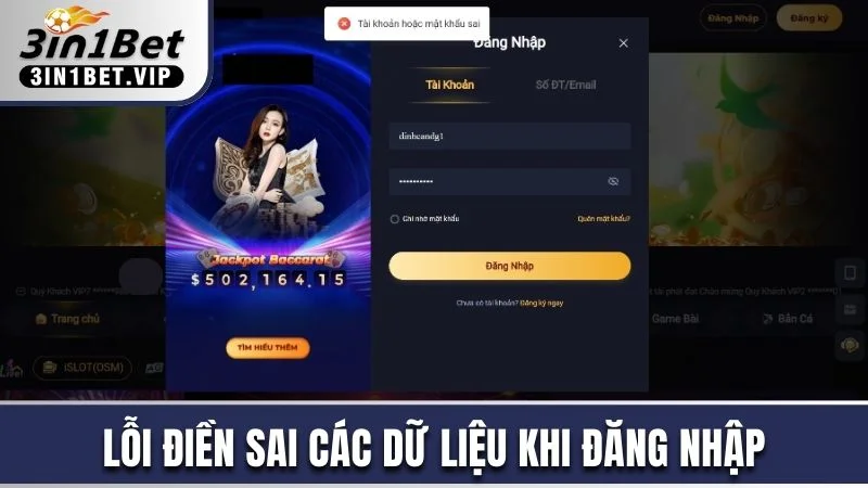 Lỗi điền sai các dữ liệu khi đăng nhập